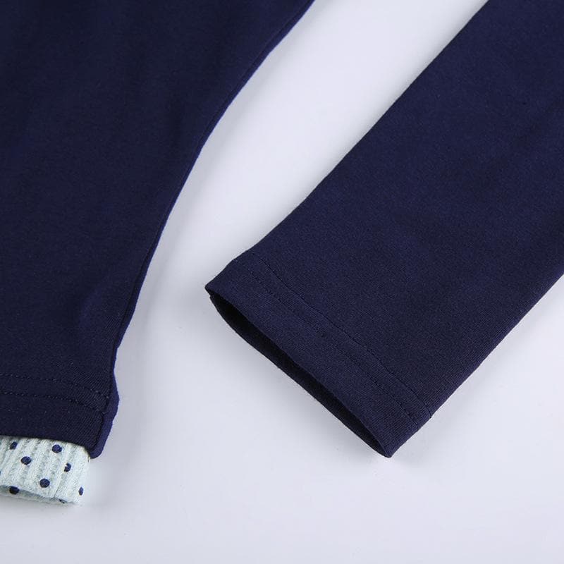 Polka dot patchwork long sleeve lace hem button top