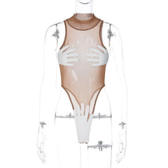 Palm applique mesh high neck sleeveless contrast bodysuit