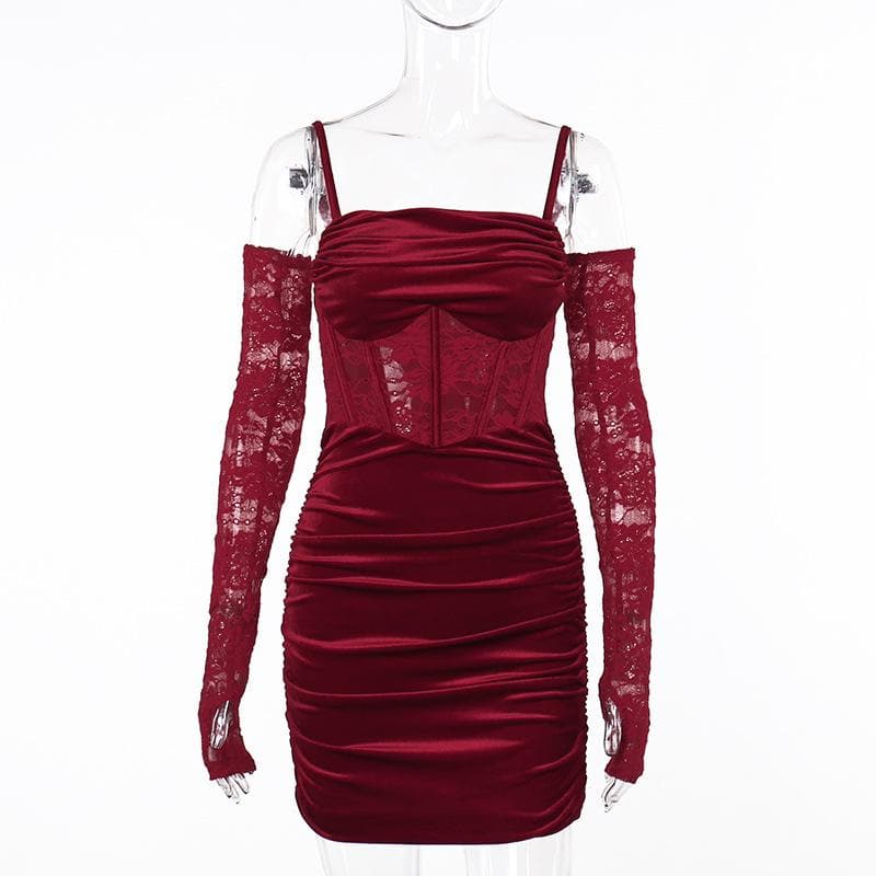 Cowl neck ruched gloves lace velvet zip-up cami mini dress