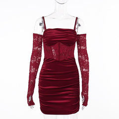 Cowl neck ruched gloves lace velvet zip-up cami mini dress
