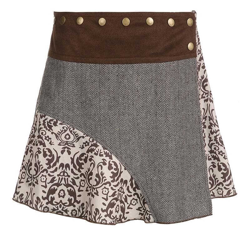 Patchwork contrast zip-up button A line mini skirt