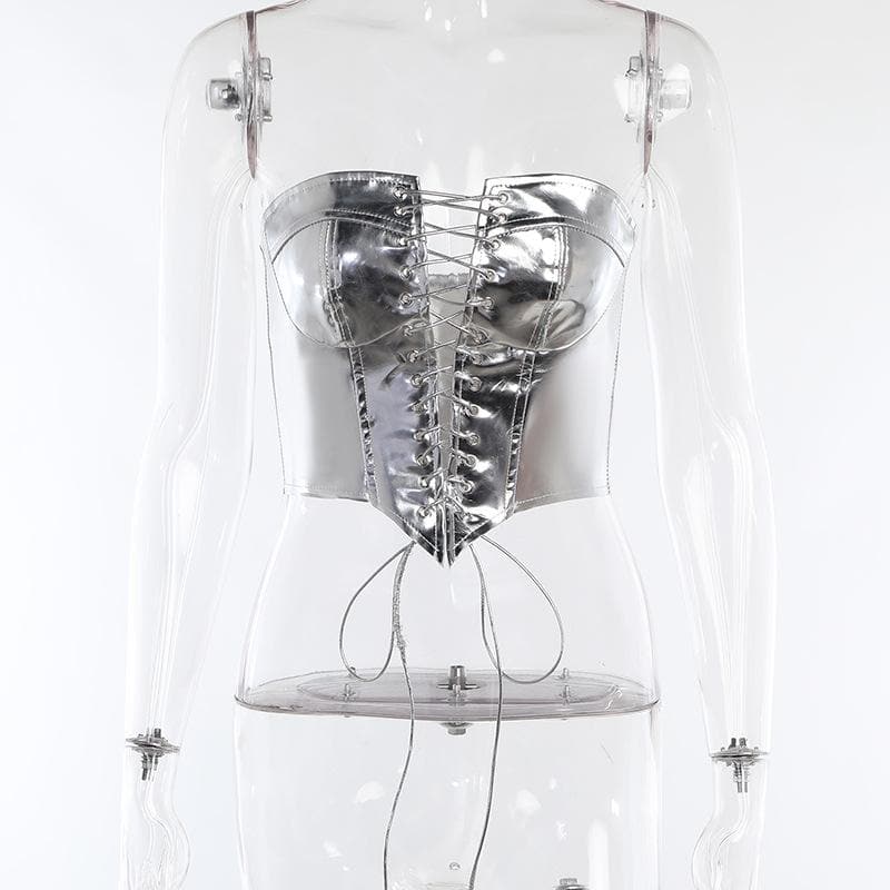 Backless corset metallic lace up self tie tube top