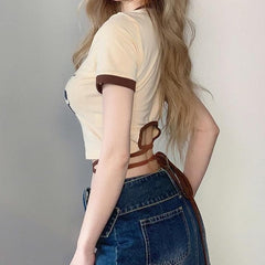 Short sleeve print self tie back crop top