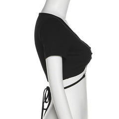 Short sleeve v neck metal letter self tie back crop top