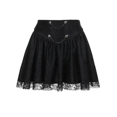 Button lace hem solid zip-up ruched mini skirt