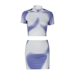 Short sleeve high neck contrast body print mini skirt set