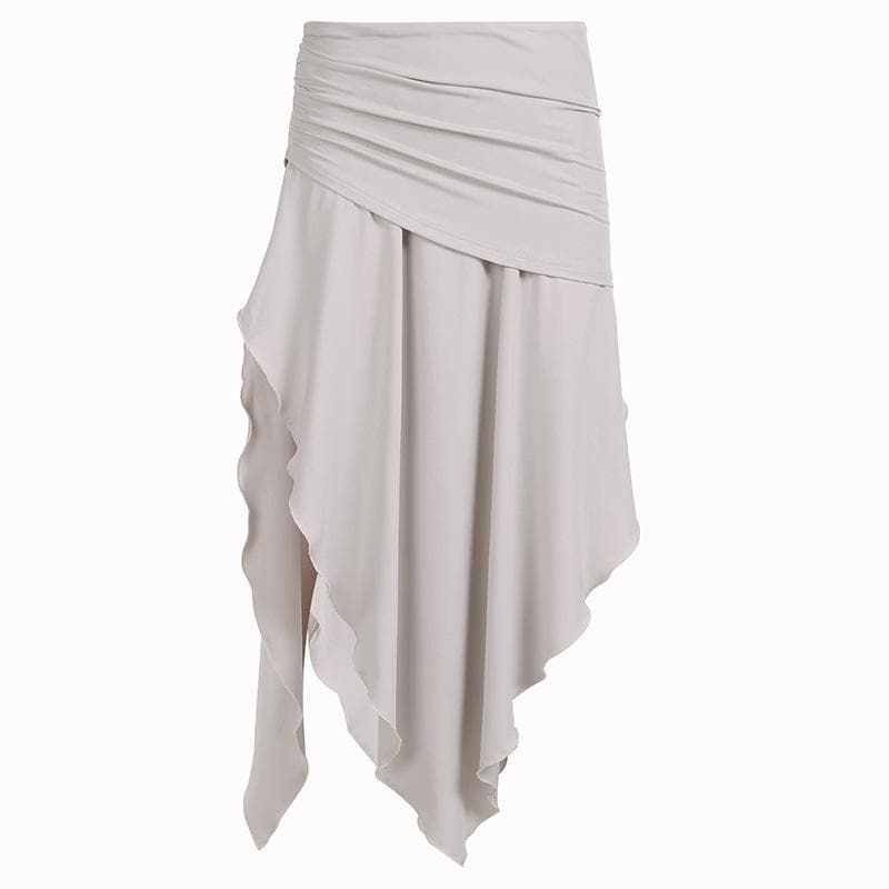 Ruched irregular ruffle slit solid high rise midi skirt