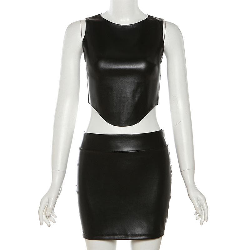 Sleeveless PU leather crewneck solid mini skirt set