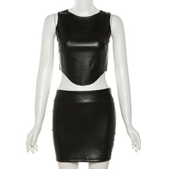 Sleeveless PU leather crewneck solid mini skirt set