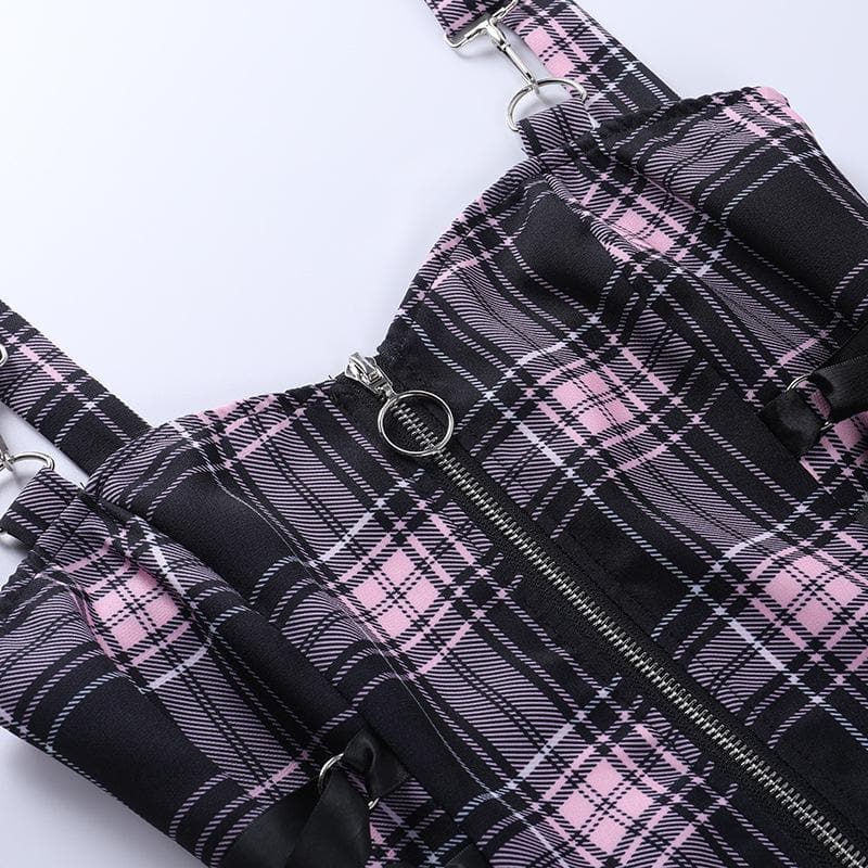 Plaid zip-up contrast sleeveless lace up backless mini dress