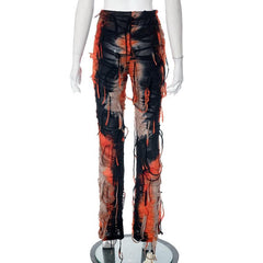 Tie dye textured tassels contrast high rise pant