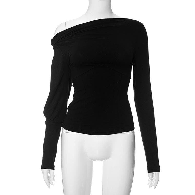 Solid long sleeve off shoulder irregular knotted hollow out cut out top