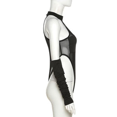 Sleeveless mesh see through gloves button gloves bodysuit