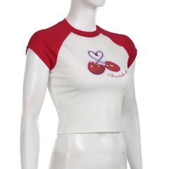 Cherry pattern patchwork contrast cap sleeve crewneck crop top