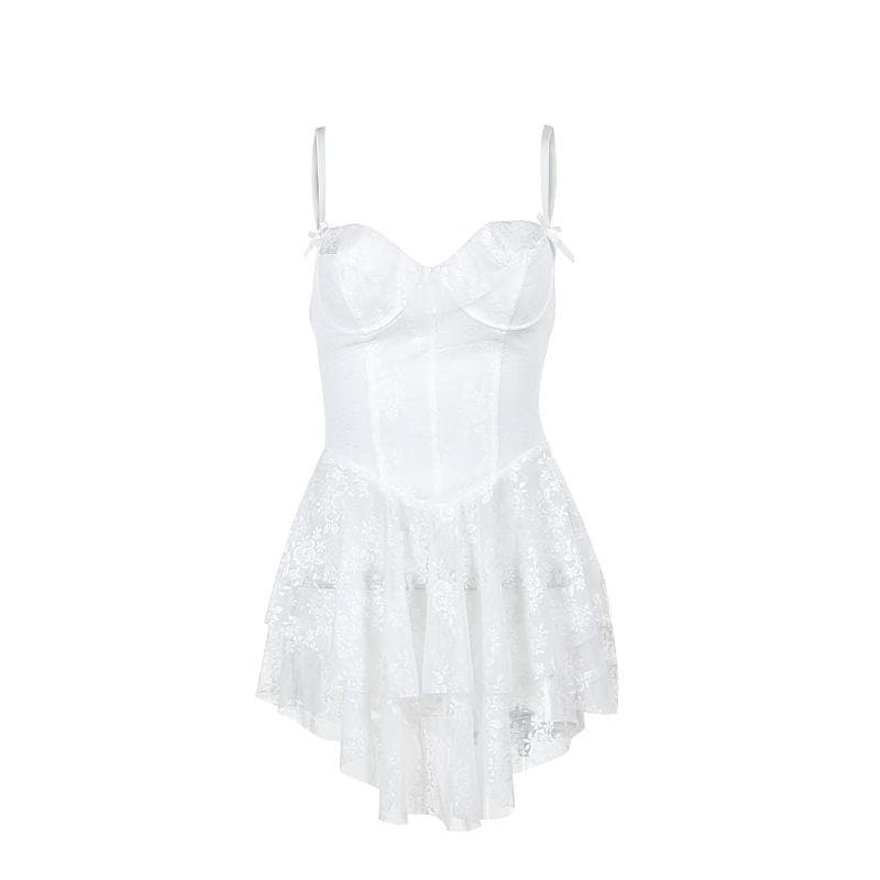 Ruffle bustier bowknot mesh lace up backless cami mini dress