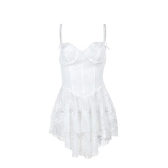 Ruffle bustier bowknot mesh lace up backless cami mini dress