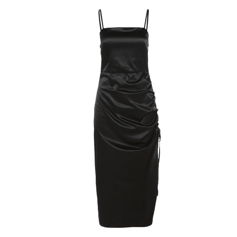 Square neck drawstring ruched slit satin midi dress