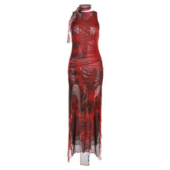 Sheer mesh see through sleeveless contrast print slit midi dress