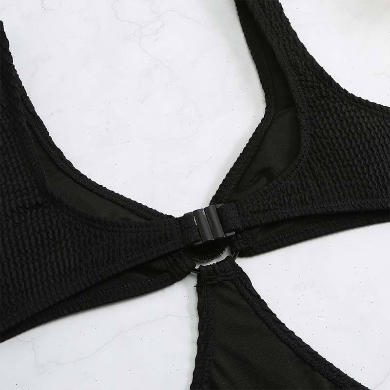 Textured hollow out o ring one piece swimwear