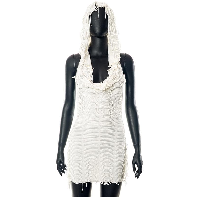 Textured solid hoodie cowl neck sleeveless backless tassels mini dress