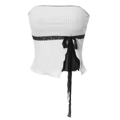 Bowknot lace hem ribbed patchwork slit backless ruffle tube top