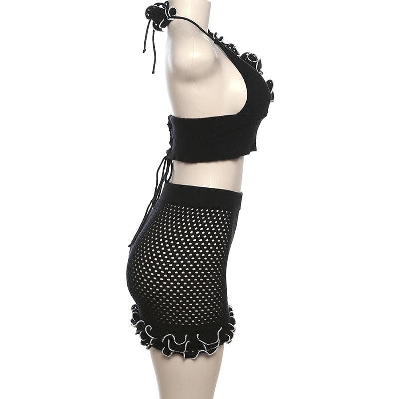 Crochet ruffle irregular halter contrast v neck backless mini skirt set