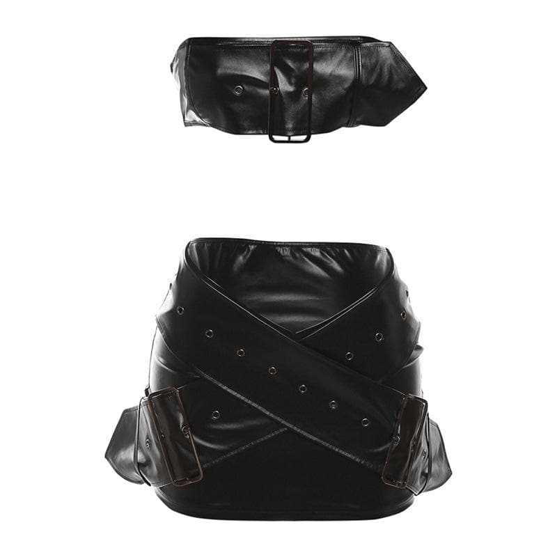 Buckle PU leather cross front backless solid tube mini skirt set