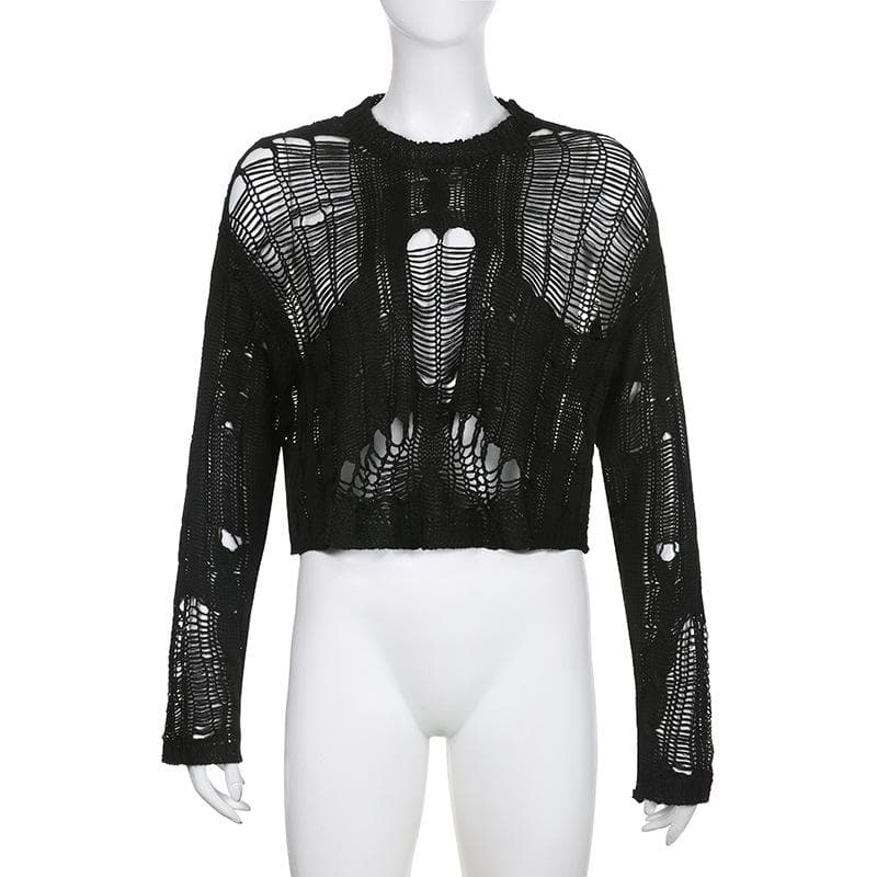 Solid hollow out crochet long sleeve round neck cut out top