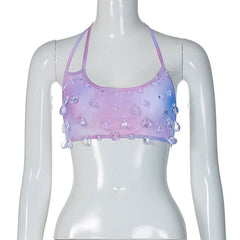 Sheer mesh tie dye stone pendant halter backless self tie crop top