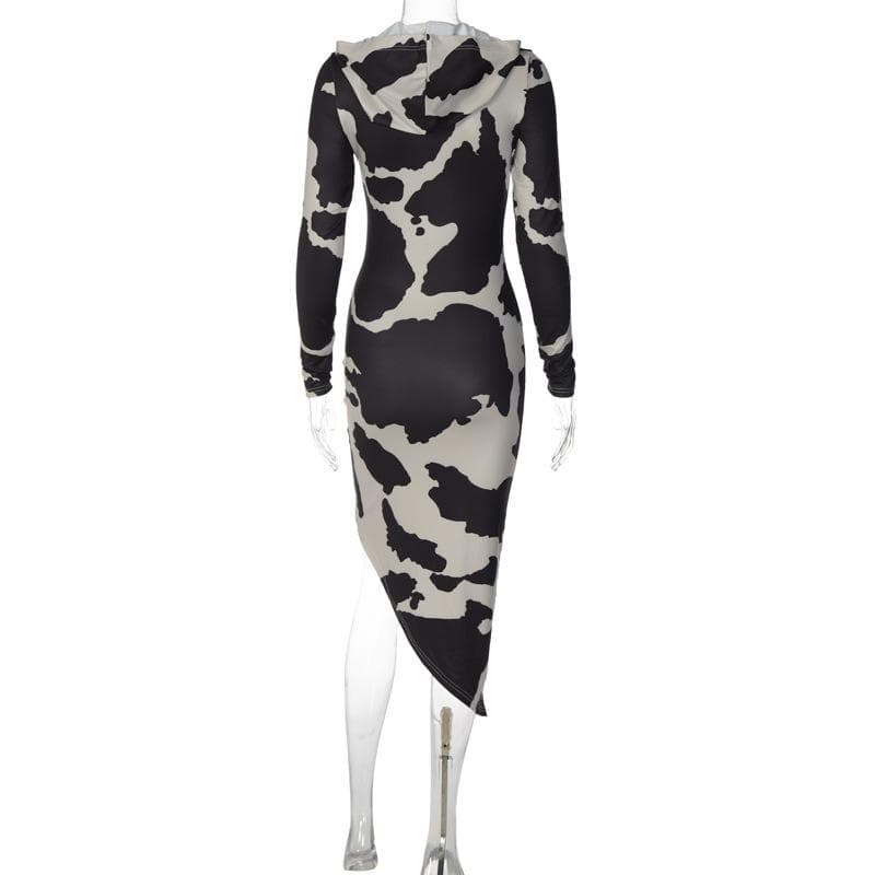 Cow print long sleeve contrast hoodie irregular midi dress