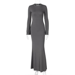 Ruffle solid long sleeve crewneck ribbed maxi dress
