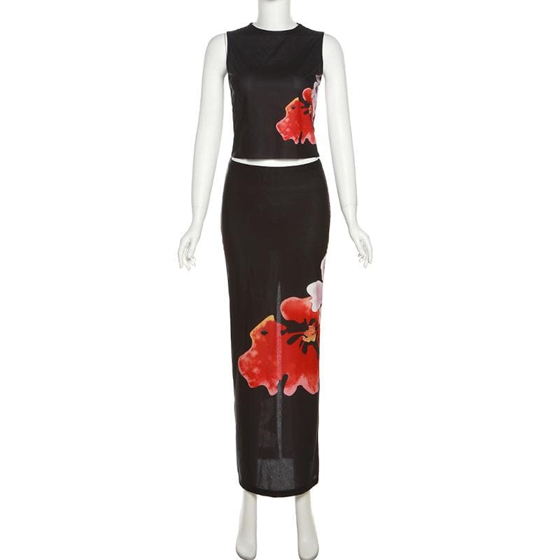 Sheer mesh see through slit flower pattern contrast sleeveless midi skirt set