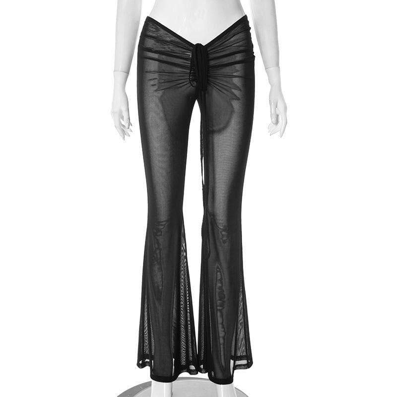 Ruched self tie low rise sheer mesh see through flared pant