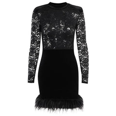 Lace solid see through long sleeve furry mini dress
