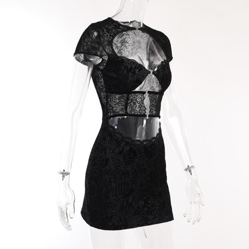 Button short sleeve hollow out textured mini dress