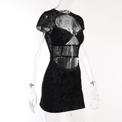 Button short sleeve hollow out textured mini dress