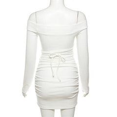 Lace up solid hollow out off shoulder long sleeve mini dress