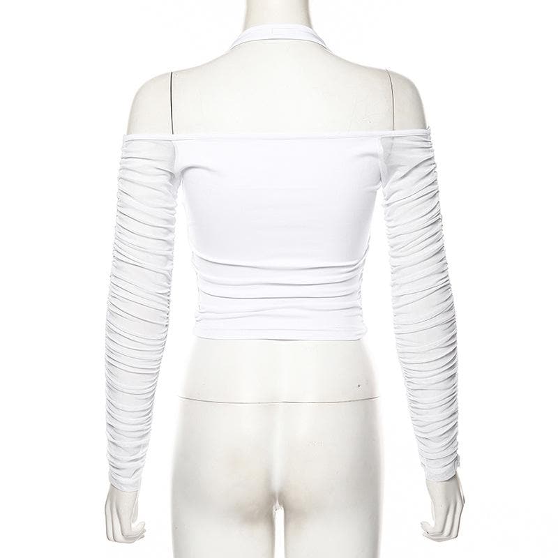 Off shoulder solid long sleeve mesh halter zip-up low cut crop top