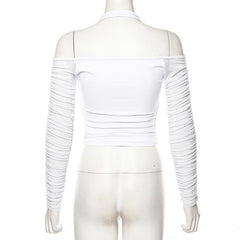 Off shoulder solid long sleeve mesh halter zip-up low cut crop top