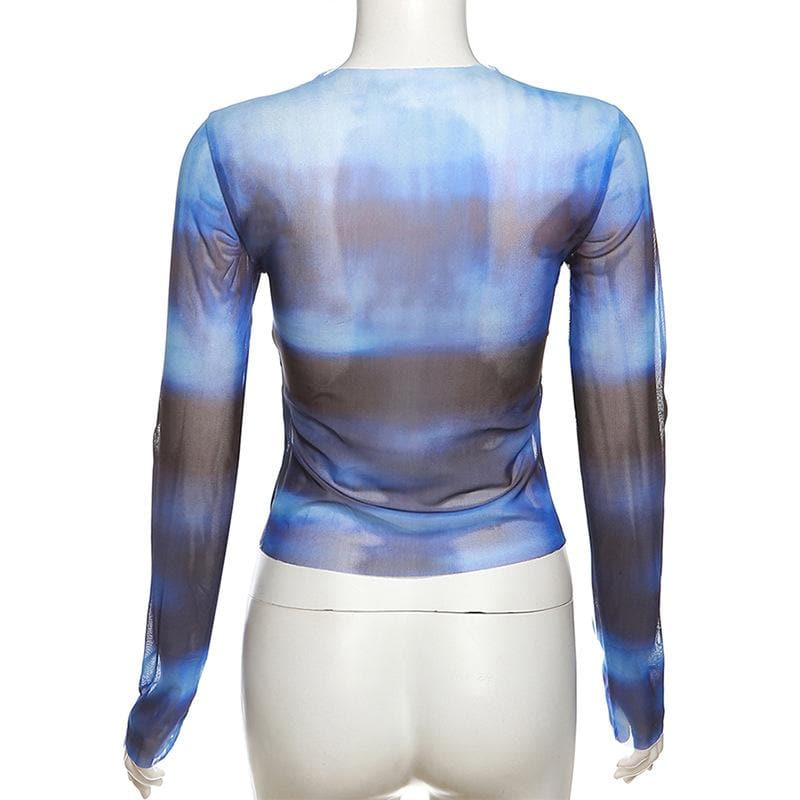 Abstract contrast print long sleeve sheer mesh top