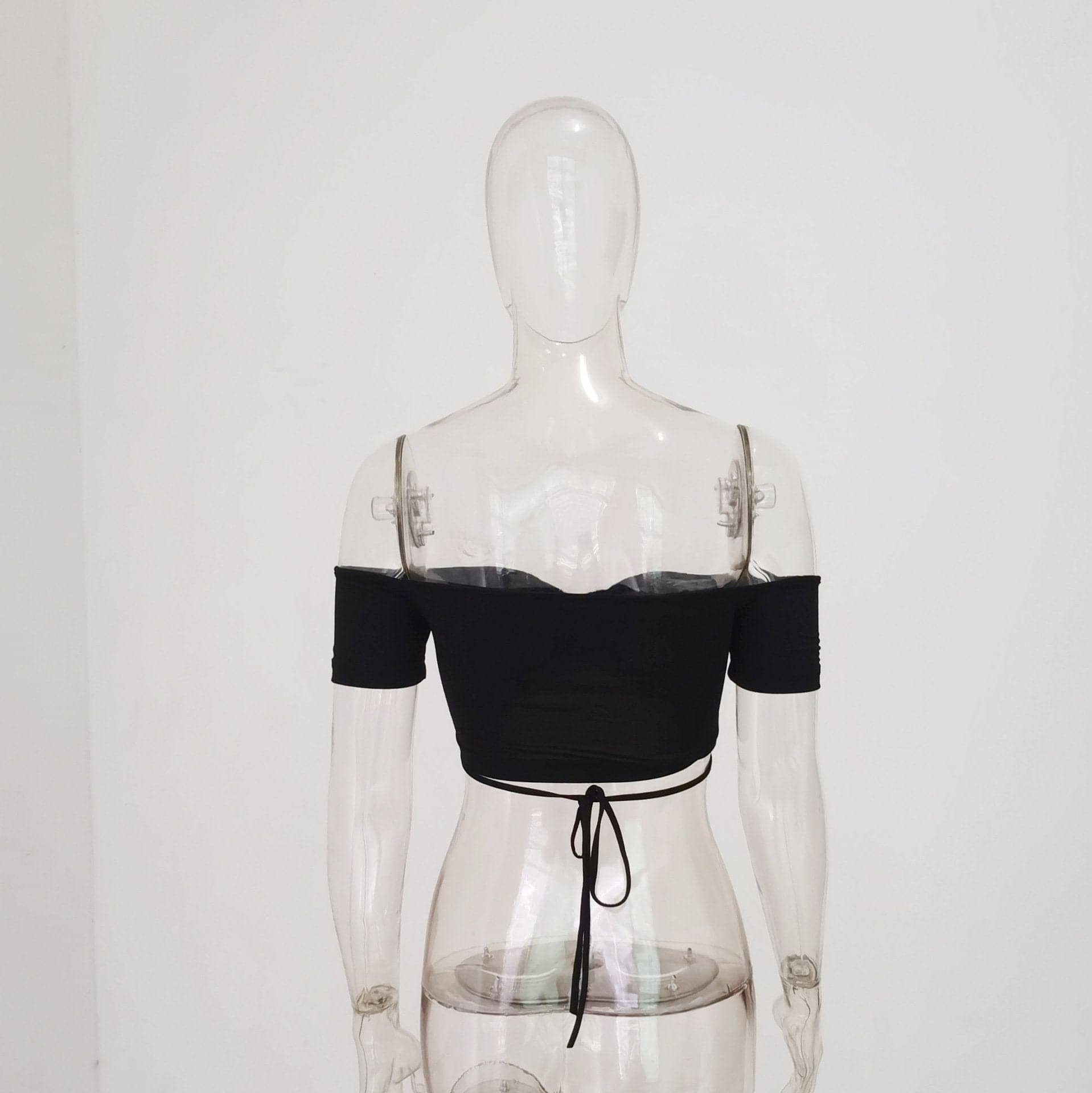 Off shoulder short sleeve knotted solid self tie back top