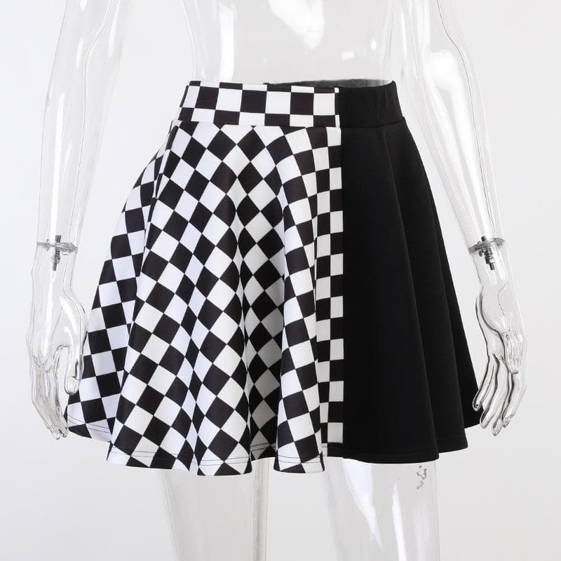 Plaid patchwork contrast ruched A line mini skirt