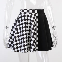 Plaid patchwork contrast ruched A line mini skirt