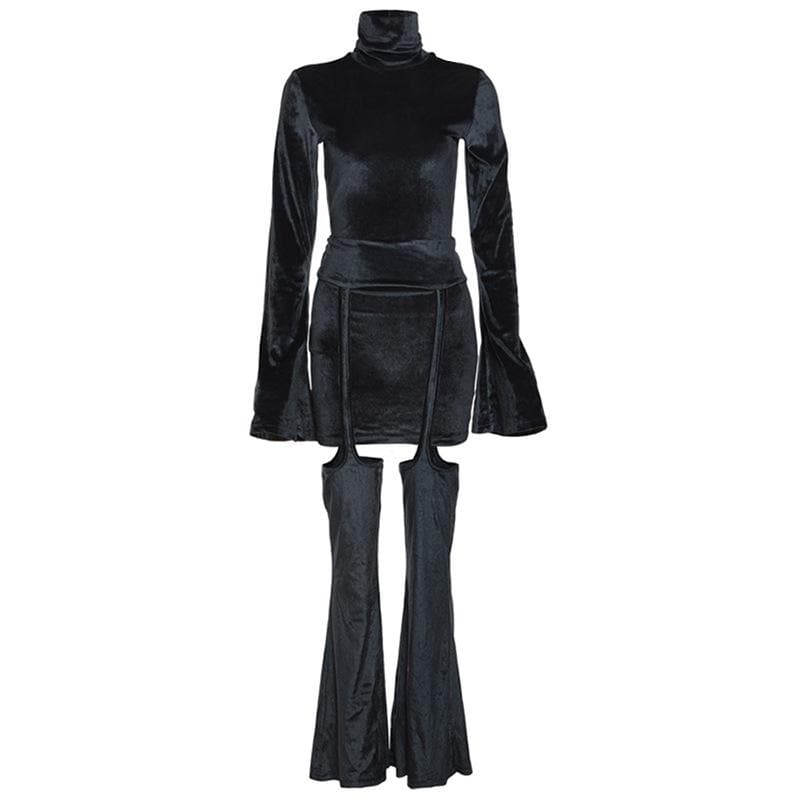 Velvet turtle neck solid long flared sleeve self tie pant set