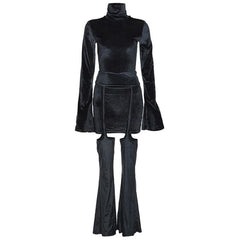 Velvet turtle neck solid long flared sleeve self tie pant set