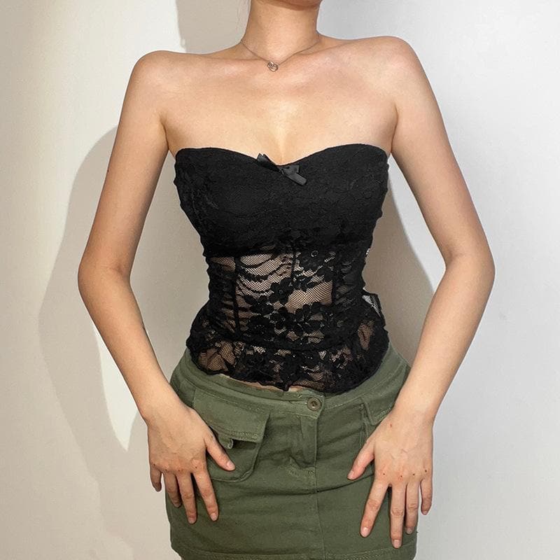 Solid sleeveless lace hem backless ruffle tube top