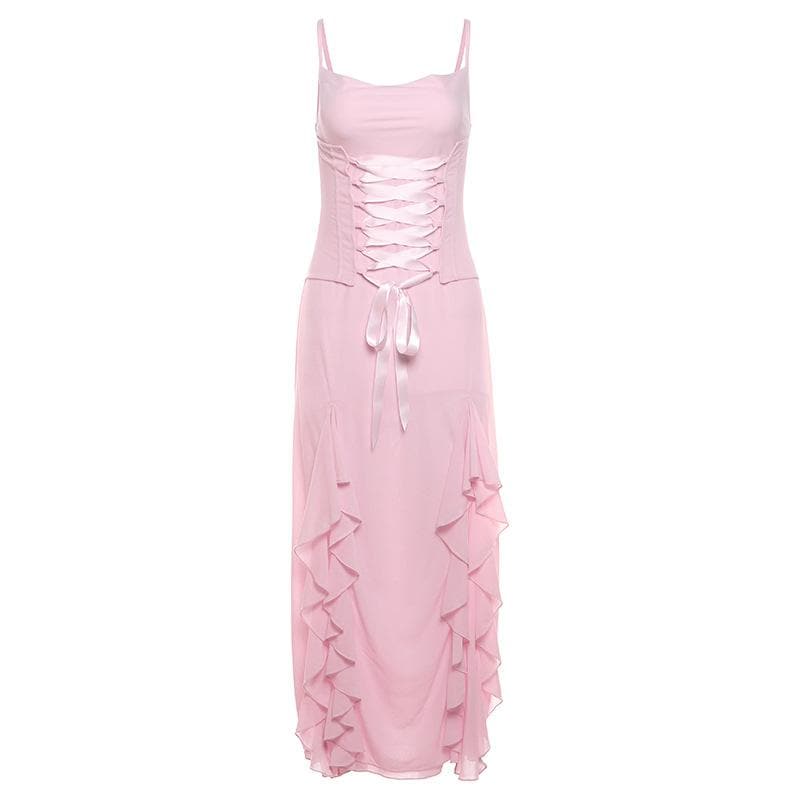 Ruffle ruched chiffon lace up slit cowl neck cami maxi dress