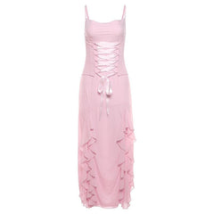 Ruffle ruched chiffon lace up slit cowl neck cami maxi dress