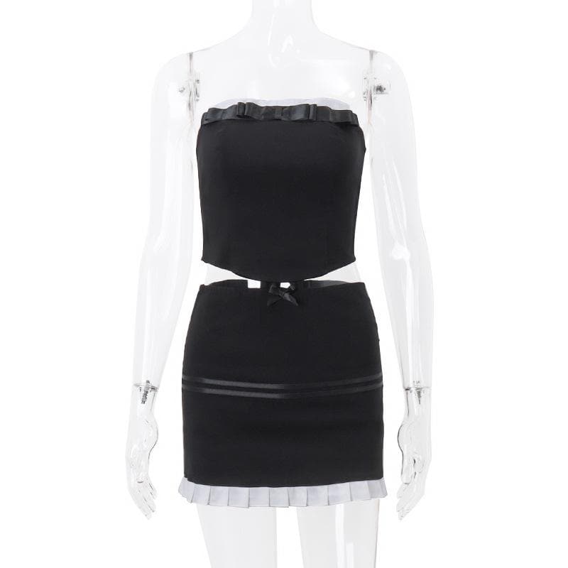 Bowknot stitch pleated ruched backless contrast tube mini skirt set