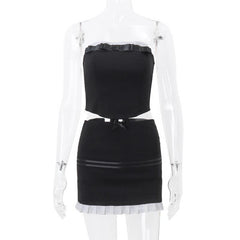 Bowknot stitch pleated ruched backless contrast tube mini skirt set